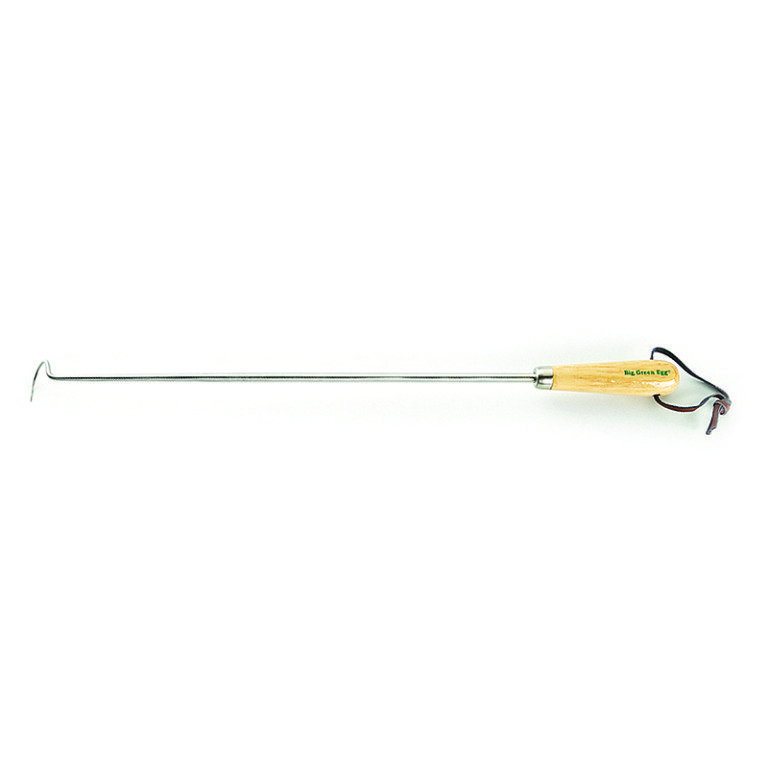 Long metal gardening tool with a wooden handle and hooked end.